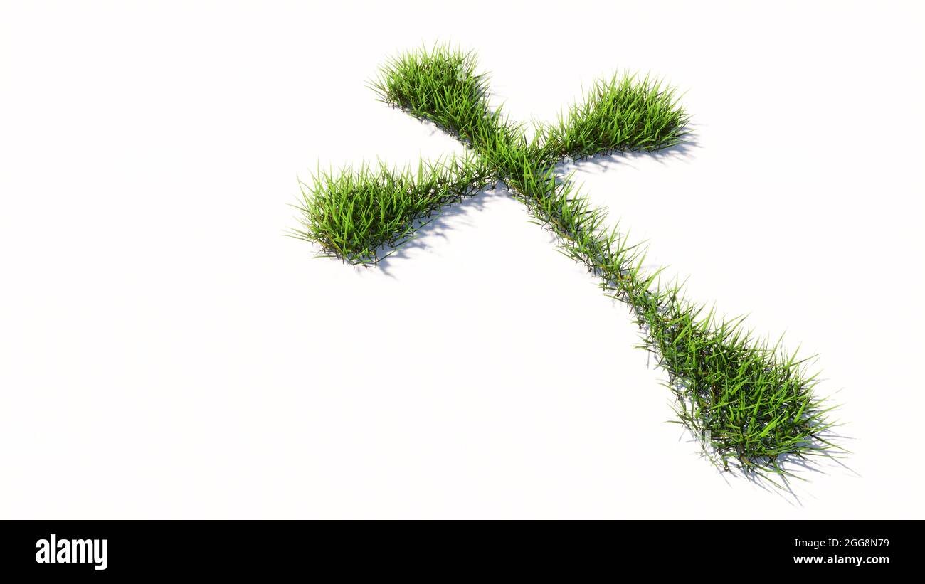 Concept or conceptual green summer lawn grass isolated on white background, sign of religious christian cross. A 3d illustration metaphor for God Stock Photo