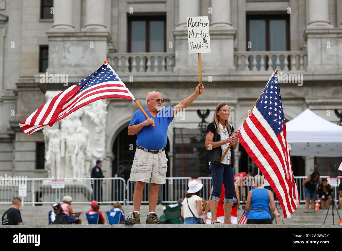 Harrisburg, United States. 29th Aug, 2021. A protester holds an anti-abortion sign at the Rally for Freedom in Harrisburg, Pennsylvania on August 29, 2021. (Photo by Paul Weaver/Sipa USA) Credit: Sipa USA/Alamy Live News Stock Photo