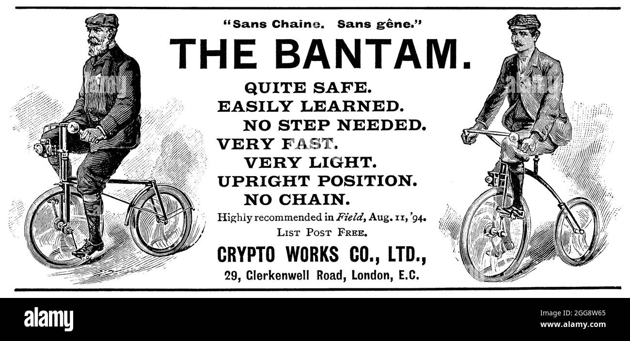 1895 vintage British advertisement for the Bantam chainless bicycle, made by the Crypto Works Co. Stock Photo
