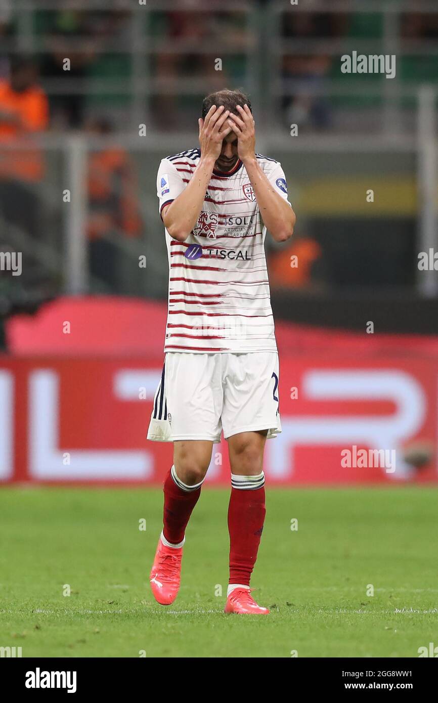 Milan, Italy, 29th August 2021. Diego Godin of Cagliari reacts during the Serie A match at Giuseppe Meazza, Milan. Picture credit should read: Jonathan Moscrop / Sportimage Stock Photo
