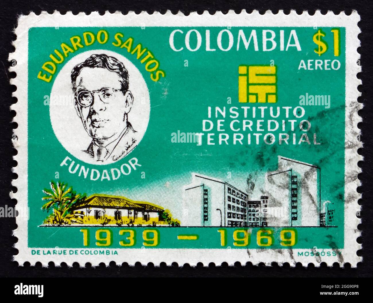 COLOMBIA - CIRCA 1970: a stamp printed in the Colombia shows Eduardo Santos, Rural and Urban Buildings, Founding of the Territorial Credit Institute, Stock Photo