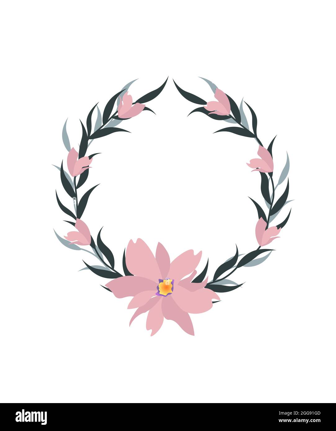 Wreath with pink flowers and leaves. Card template with place for text ...