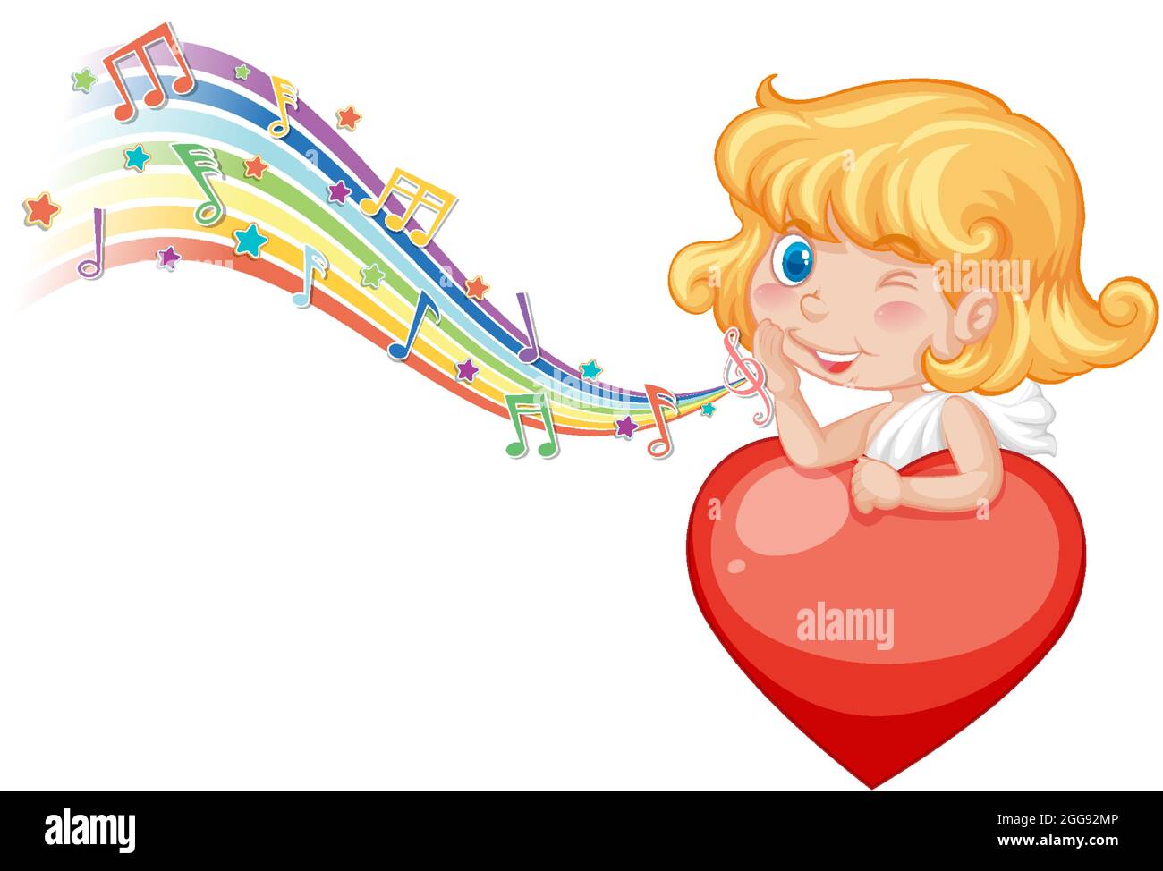 Cupid angel character with melody symbols on rainbow illustration Stock ...