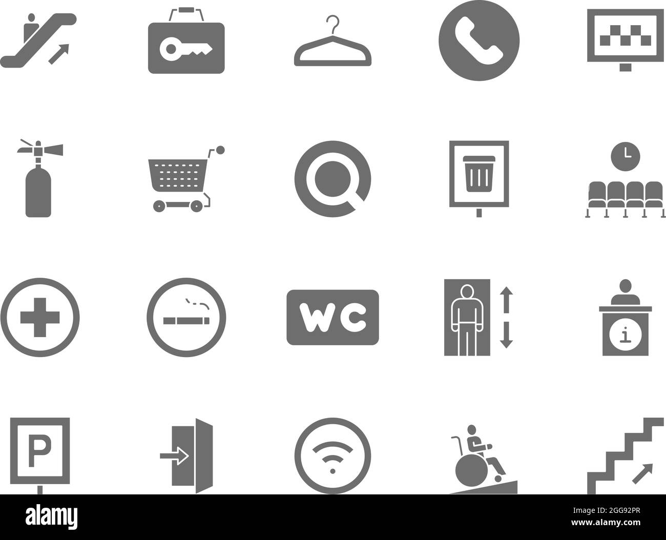 Set of Public Navigation Grey Icons. Hanger, Coffee, Toilet, Elevator and more. Stock Vector
