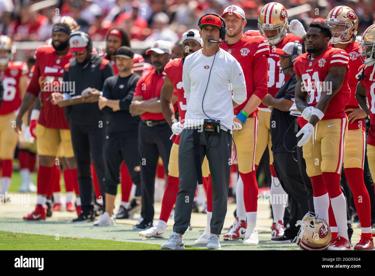 San Francisco 49ers head coach Kyle Shanahan during the first half against the Las Vegas Raiders at Levi’s Stadium, Sunday, Aug. 29, 2021, in Santa Clara, Calif. (Neville Guard/Image of Sport) Stock Photo