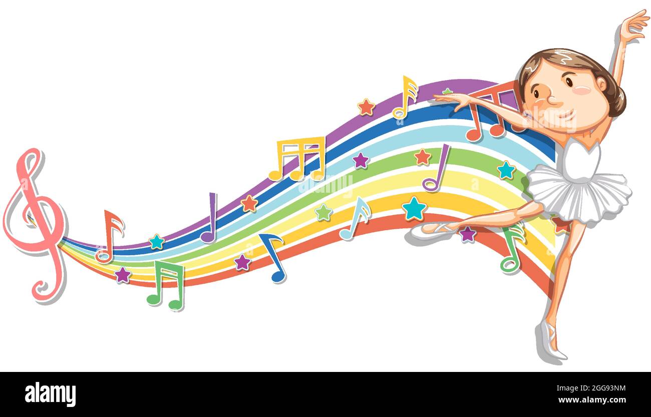 Ballerina with melody symbols on rainbow wave illustration Stock Vector ...