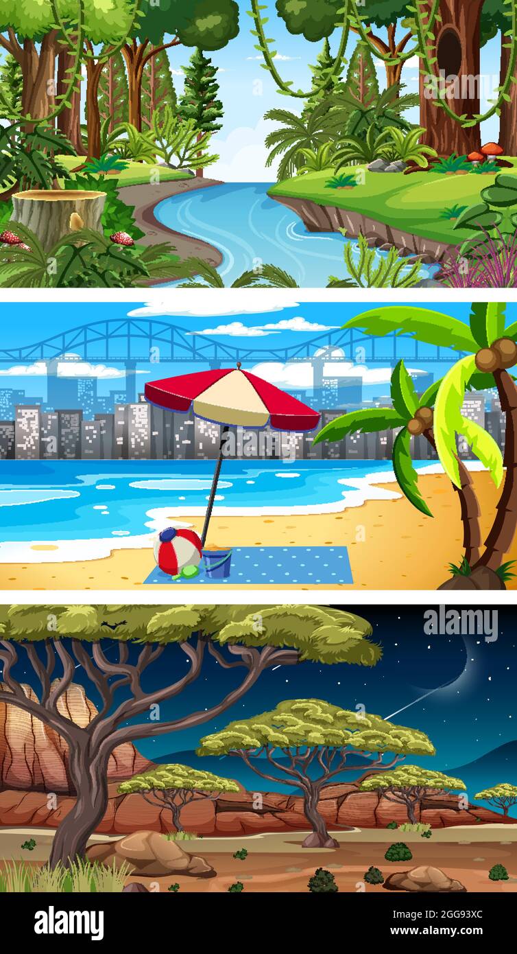 Three different nature horizontal scenes illustration Stock Vector