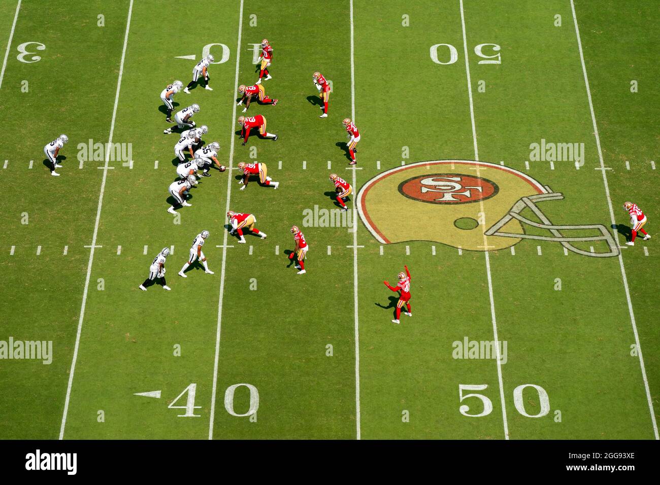 A general overall view of t Levi’s Stadium during the game between the San Francisco 49ers and the Las Vegas Raiders with the 49ers helmet logo at midfield, Sunday, Aug. 29, 2021, in Santa Clara, Calif. (Neville Guard/Image of Sport) Stock Photo