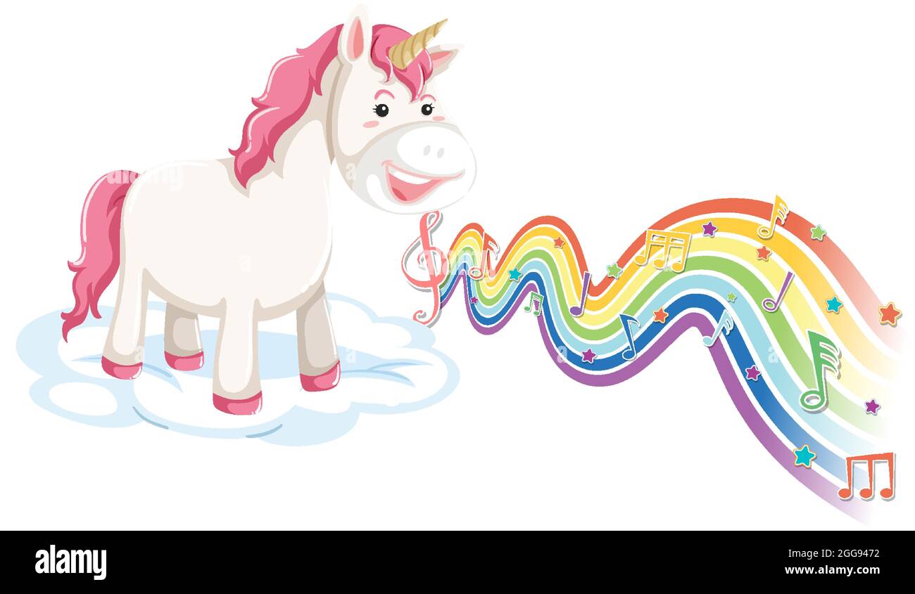 Unicorn standing on the cloud with melody symbols on rainbow wave ...
