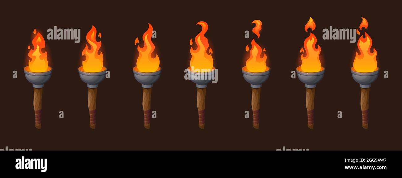 Set of medieval sprite torches with burning fire sequence animation. Ancient wooden brands with flame. Cartoon elements for pc game, flaming torchlight or lighting flambeau isolated vector icons Stock Vector
