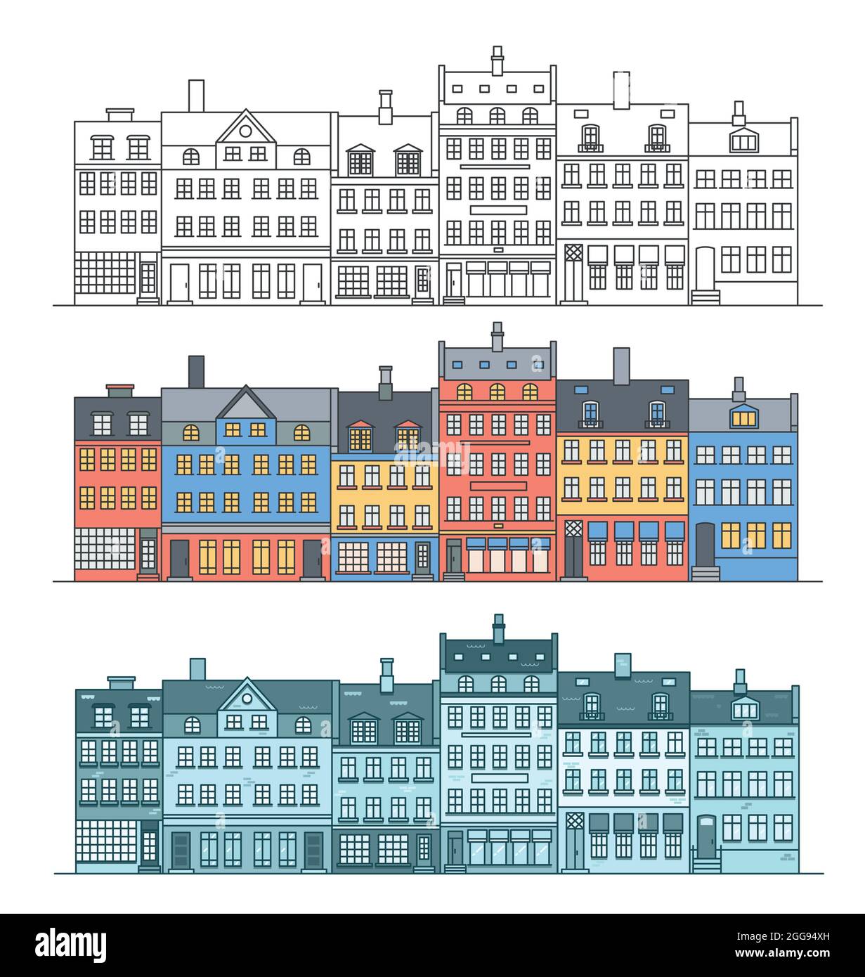 Amsterdam buildings skyline. Linear coloured cityscape with various row houses. Outline illustration with old Dutch buildings Stock Vector