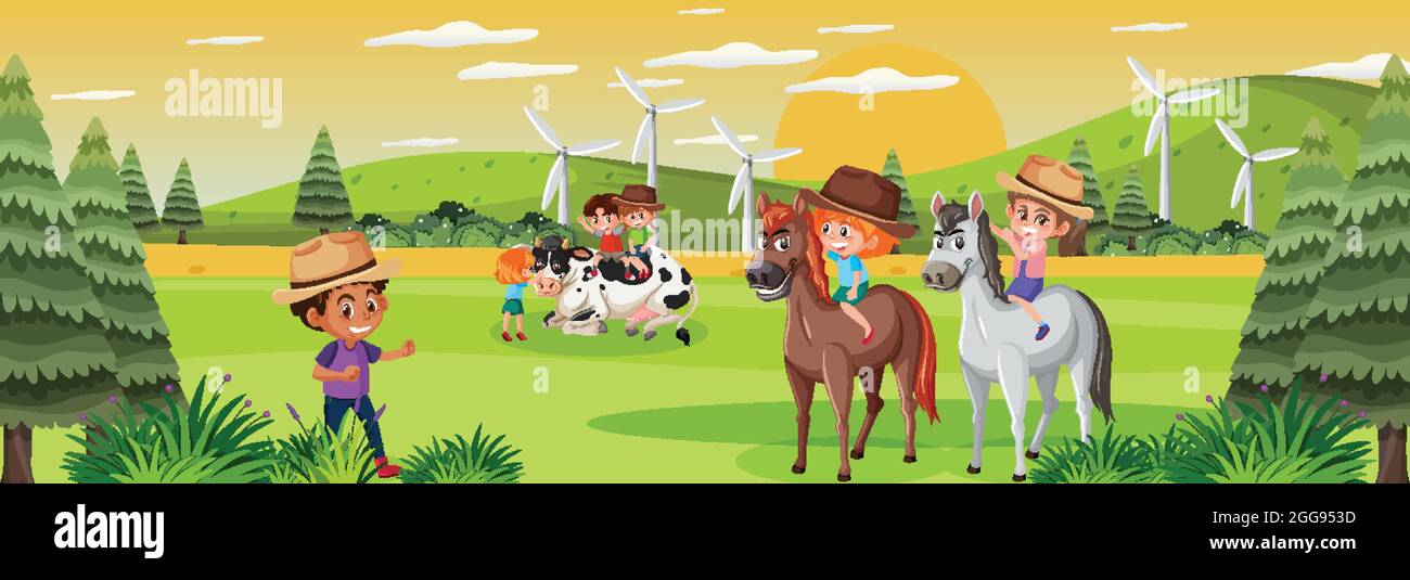 Panorama landscape scene with many kids and farm animals in the meadow ...