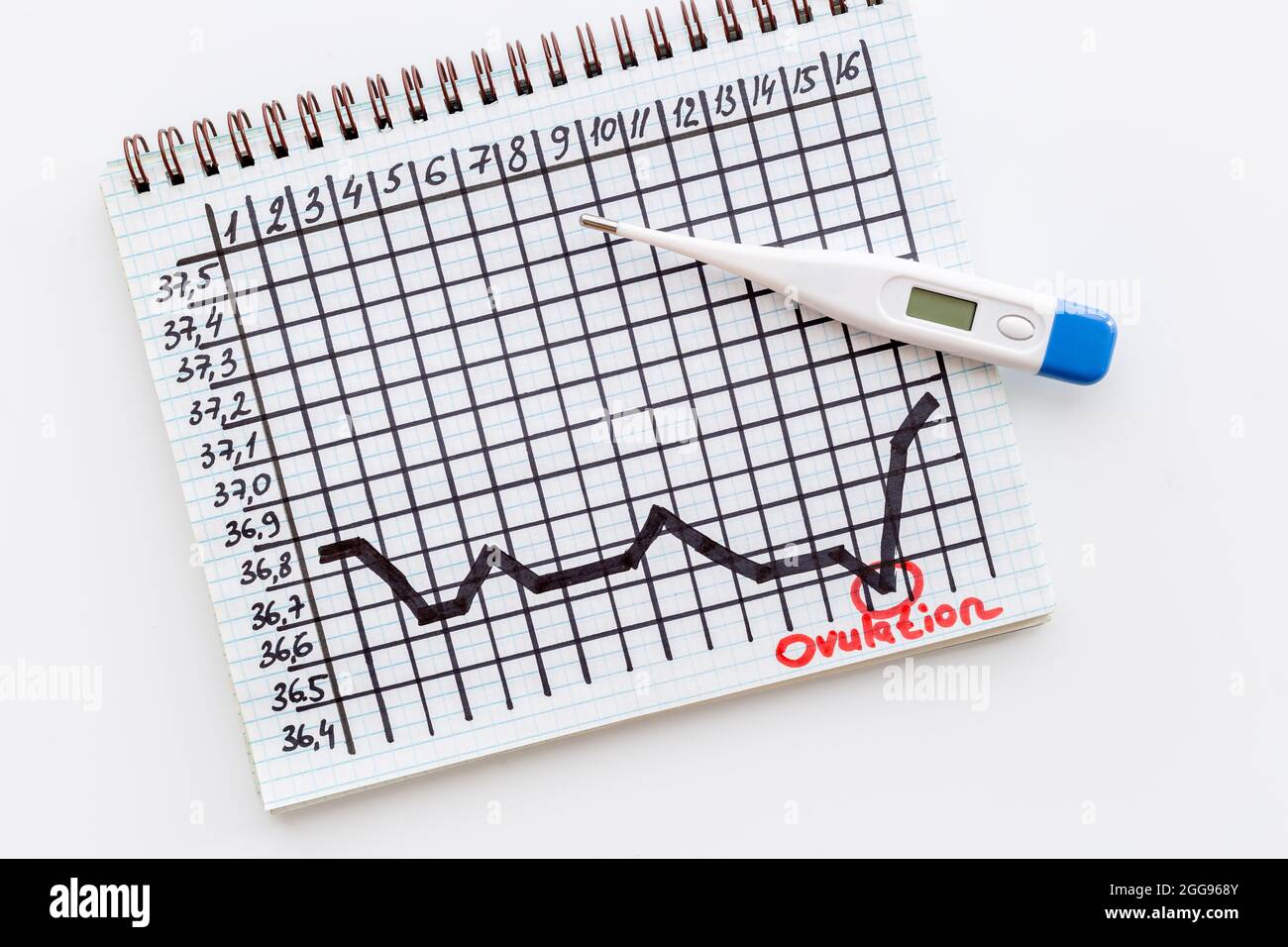 Basal ovulation temperature chart with thermometer, top view Stock