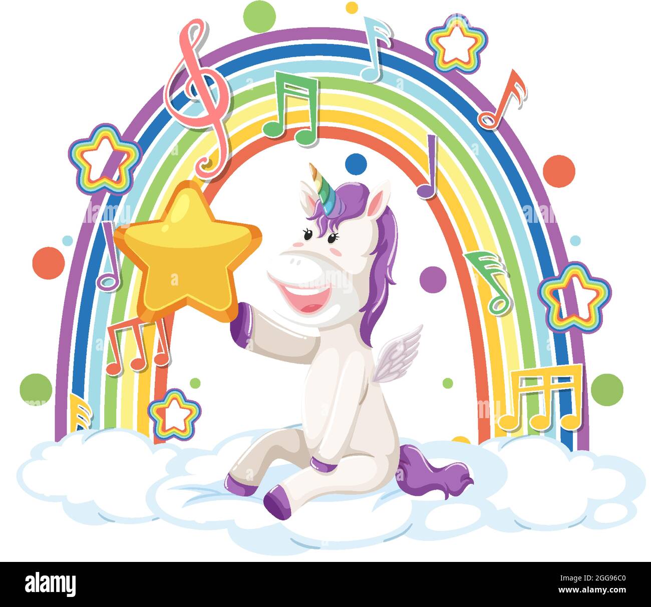 Unicorn sitting on cloud with rainbow and melody symbol illustration ...