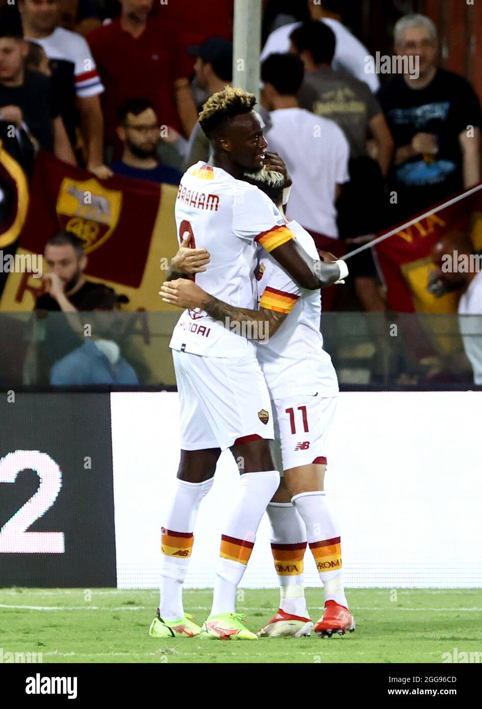 SALERNO, ITALY - AUGUST 29: Tammy Abraham of AS Roma celebrates with team mates Carles Perez after scores his Goal ,during the Serie A match between US Salernitana and AS Roma at Stadio Arechi on August 29, 2021 in Salerno, . (Photo by MB Media) Stock Photo