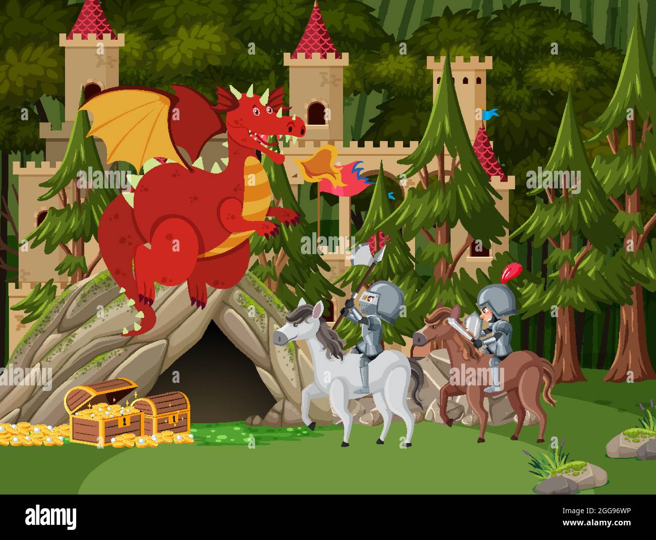Knights fight with dragon at the castle illustration Stock Vector Image ...