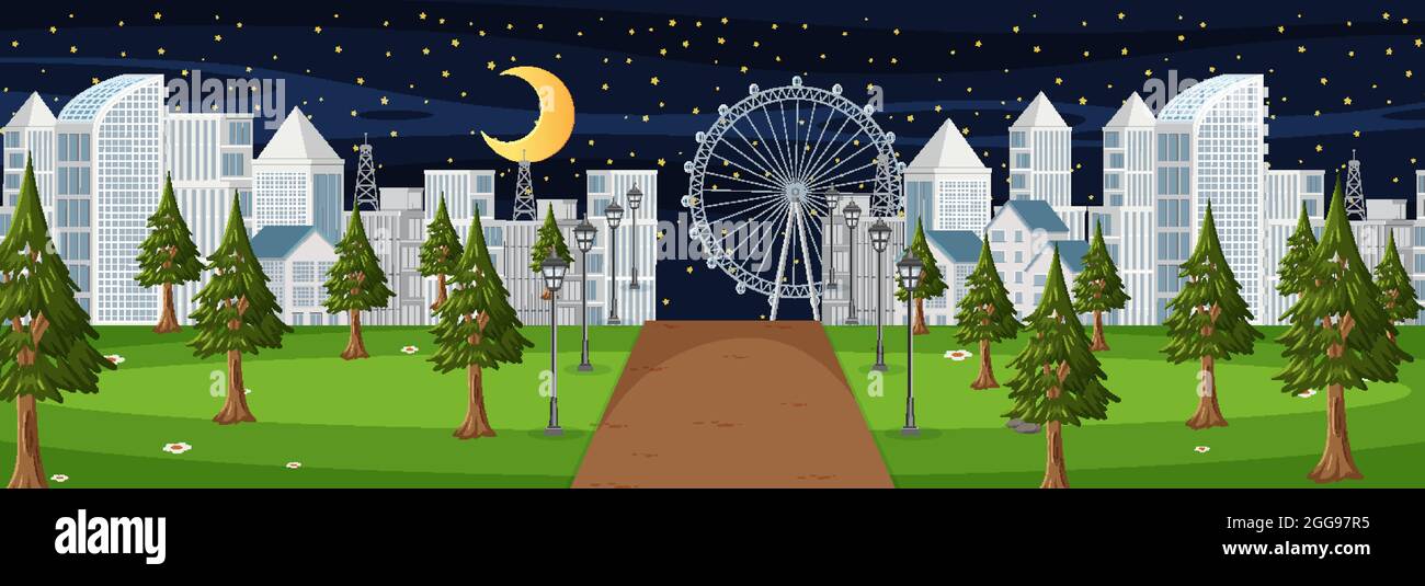 Horizontal scene with long road through the park into the town at night ...
