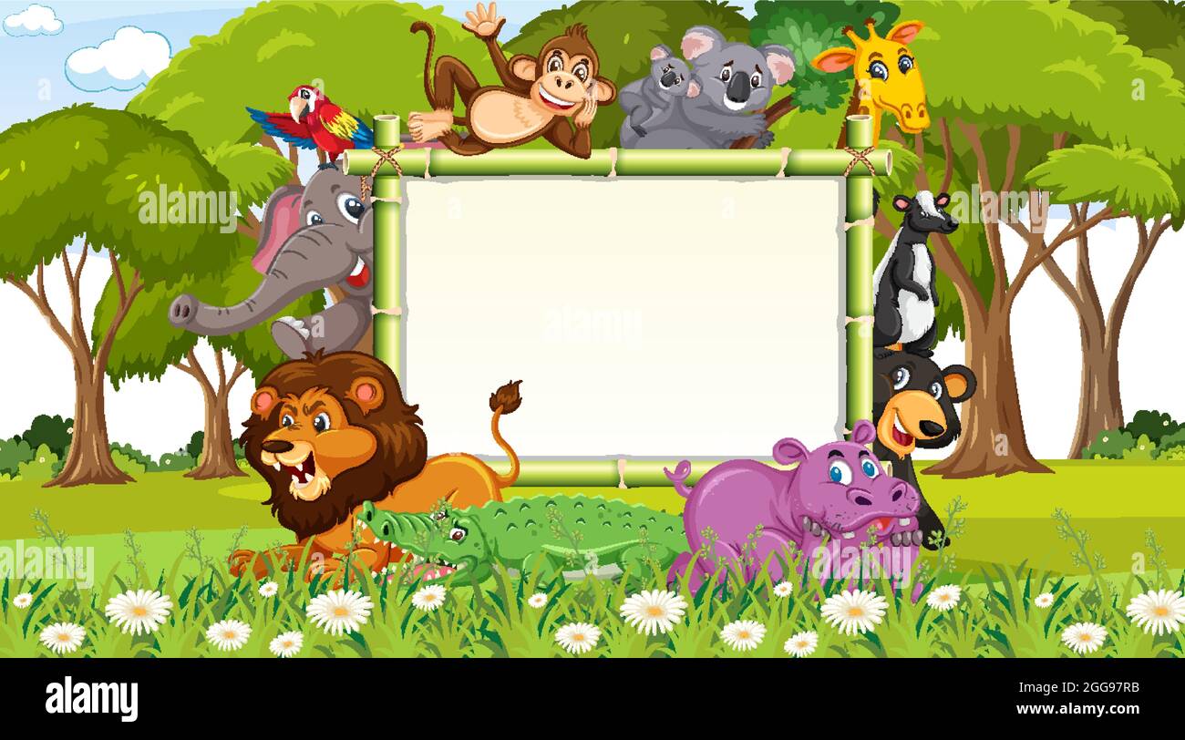 Empty banner with various wild animals in the forest illustration Stock ...
