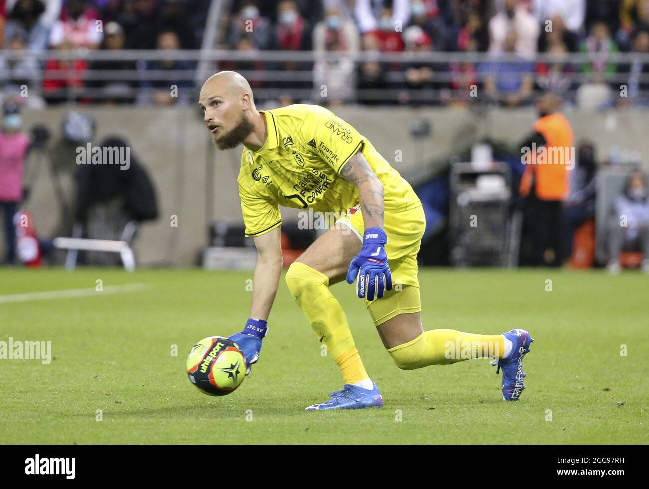 Goalkeeper of Reims Predrag Rajkovic during the French championship Ligue 1 football match between Stade de Reims and Paris Saint-Germain on August 29, 2021 at Auguste Delaune stadium in Reims, France - Photo Jean Catuffe / DPPI Stock Photo