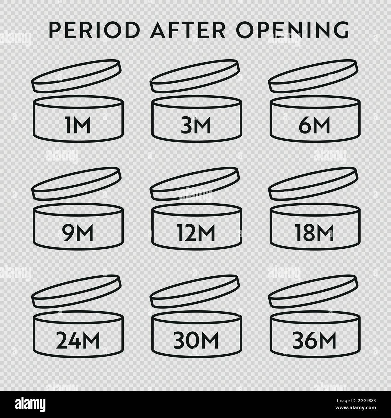 PAO vector icon set. Period after opening symbols. Can with open cap