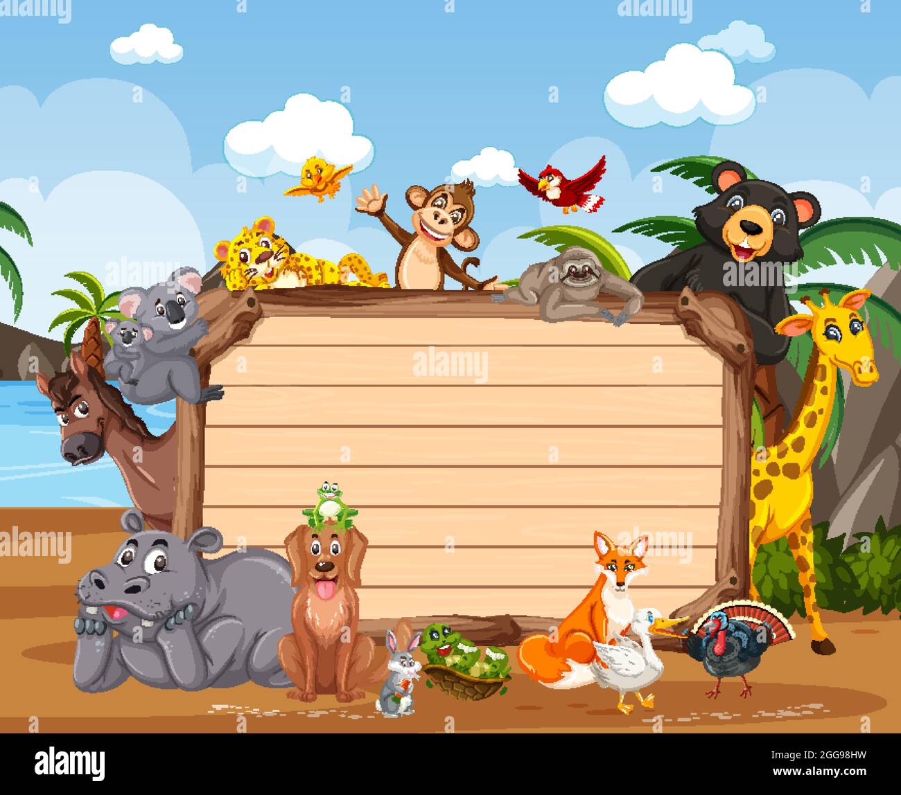 Empty wooden board with various wild animals in the forest illustration ...