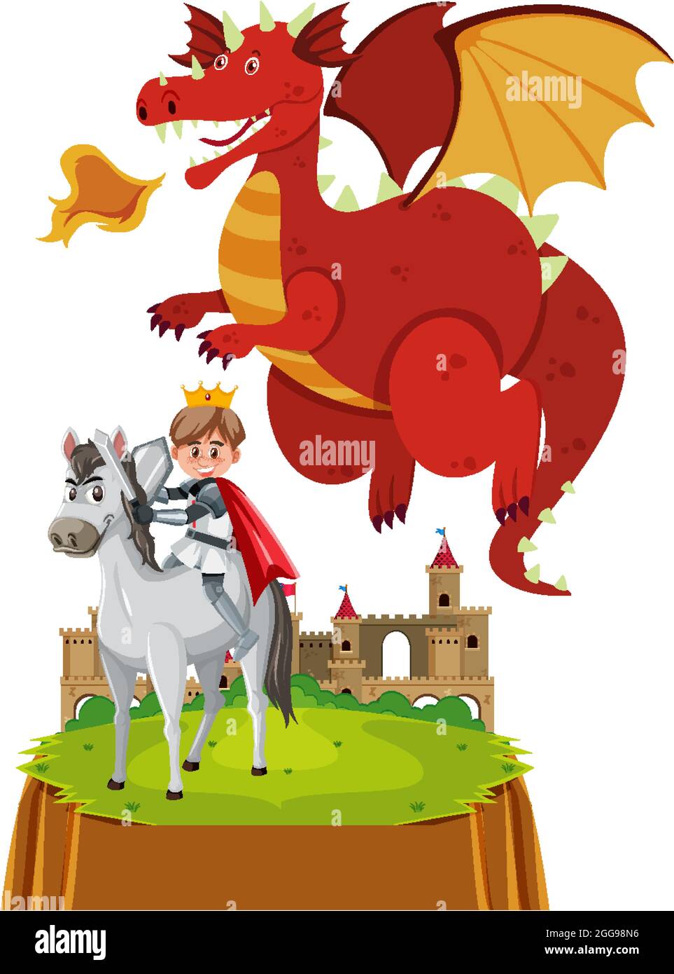 Knights fight with dragon at the castle illustration Stock Vector Image ...