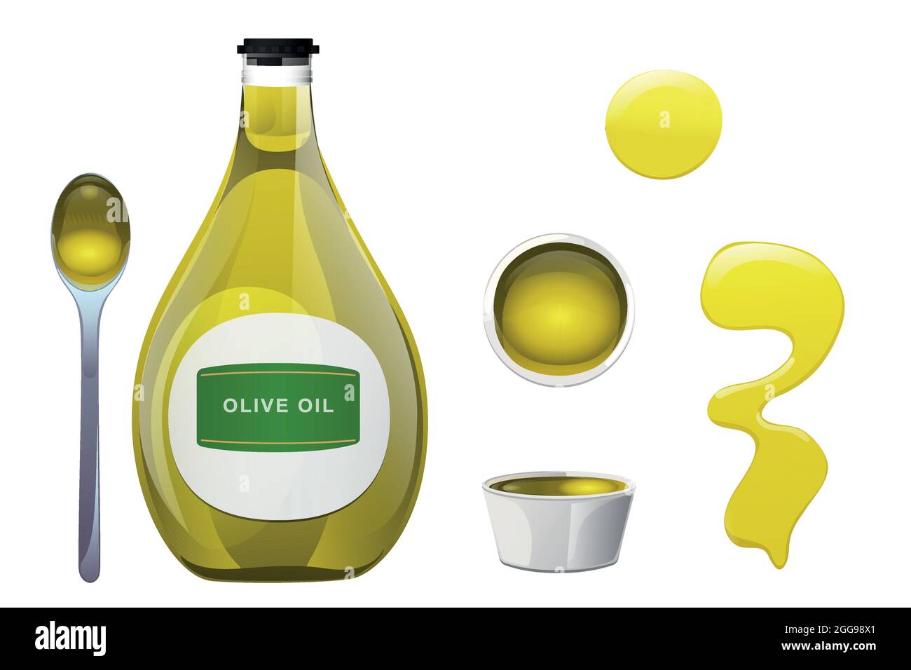 Olive oil glass bottle, stain, bowl and spoon set in cartoon style Stock  Vector Image & Art - Alamy