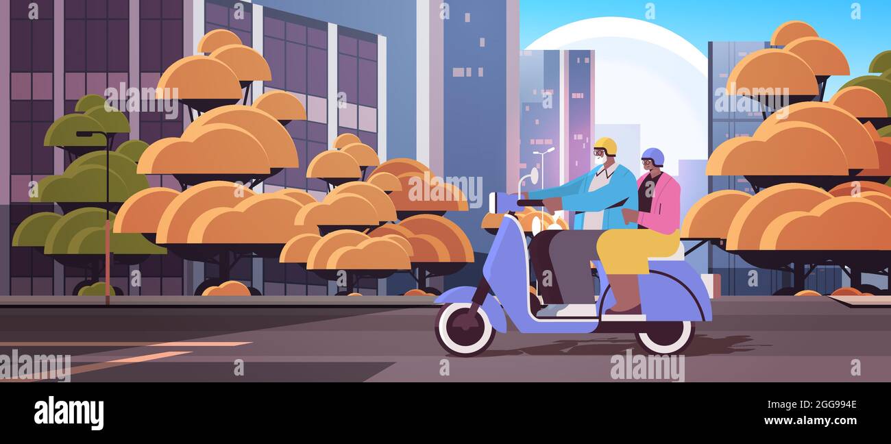 senior african american couple in helmets driving scooter grandparents traveling on moped active