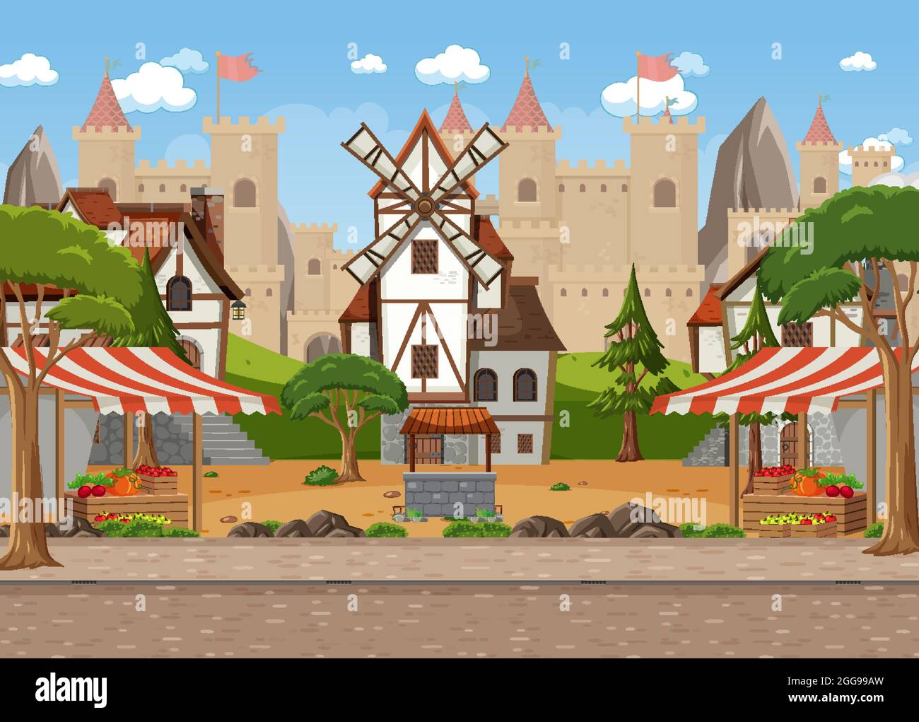 Medieval town scene with market place illustration Stock Vector Image ...