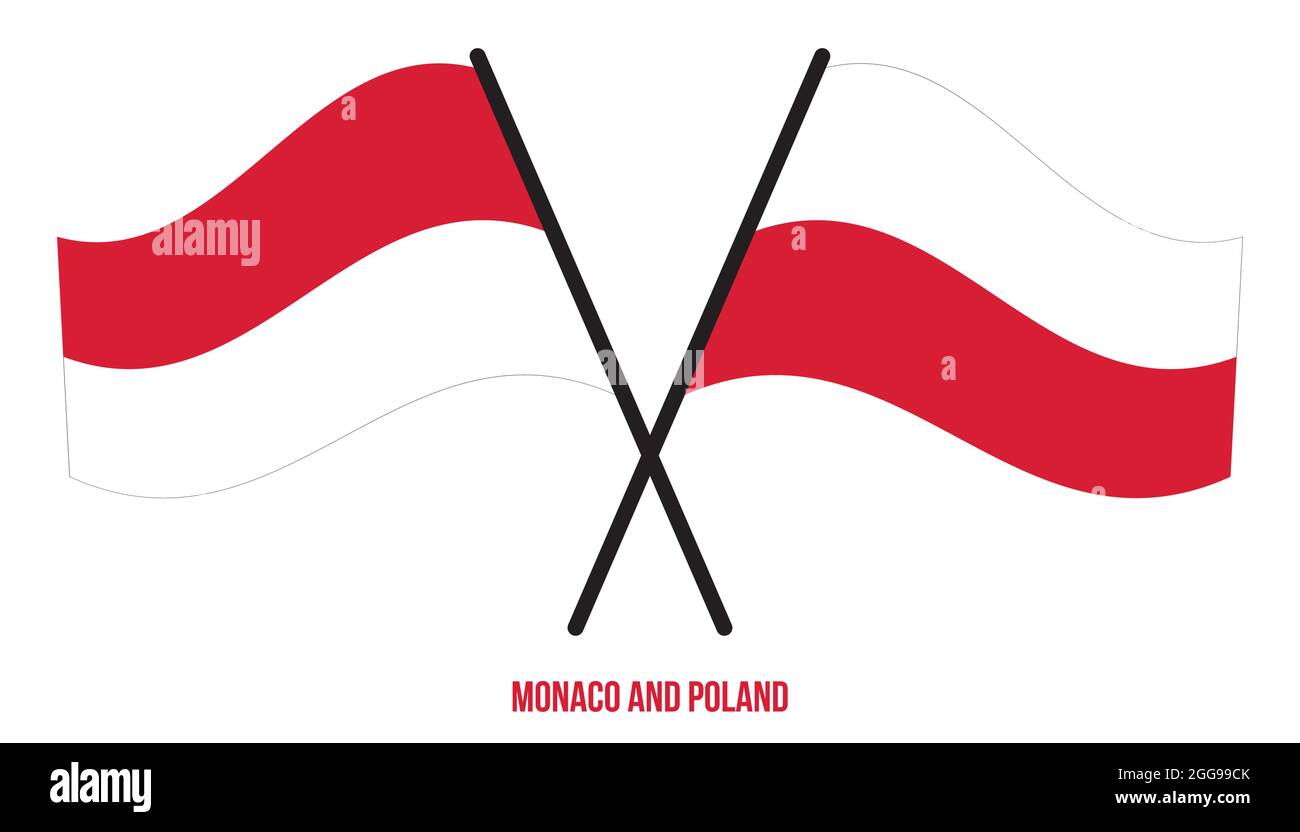 Monaco and Poland Flags Crossed And Waving Flat Style. Official Proportion. Correct Colors. Stock Vector