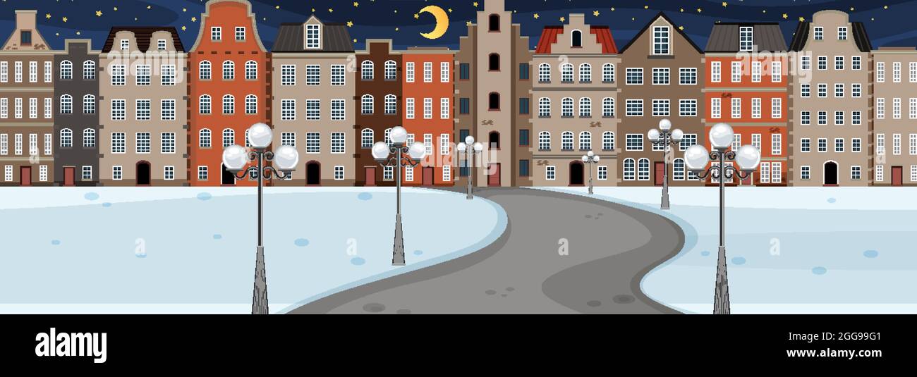 Winter season with road through the park into the town at night time ...