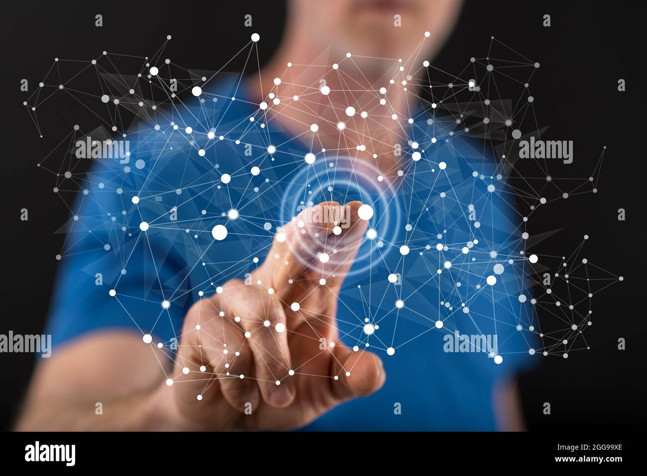 Man touching a virtual network on a touch screen with his finger Stock ...