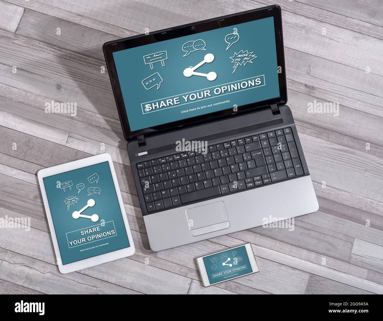 Opinions sharing concept shown on different information technology devices Stock Photo