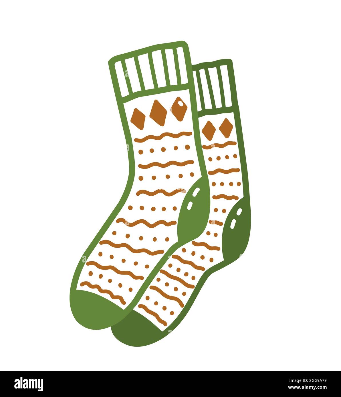 Pair of cute warm patterned socks in doodle style. Hand-drawn vector illustration isolated on white background. Perfect for cards, logo, autumn and holiday designs, decorations. Stock Vector