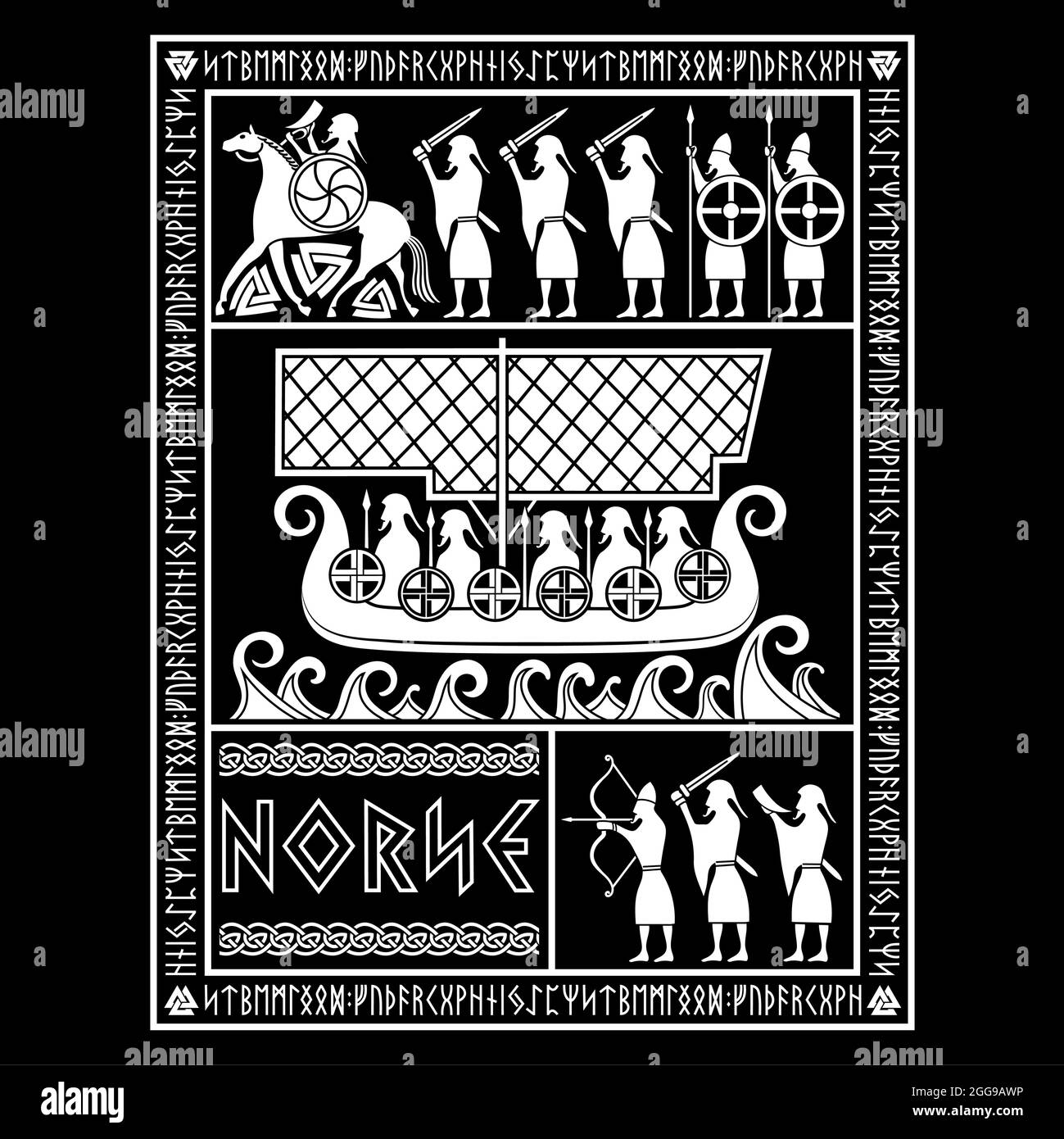 Illustration inspired by Northern mythology. God Odin on Sleipnir, Vikings Warriors and Drakkar Ship Stock Vector