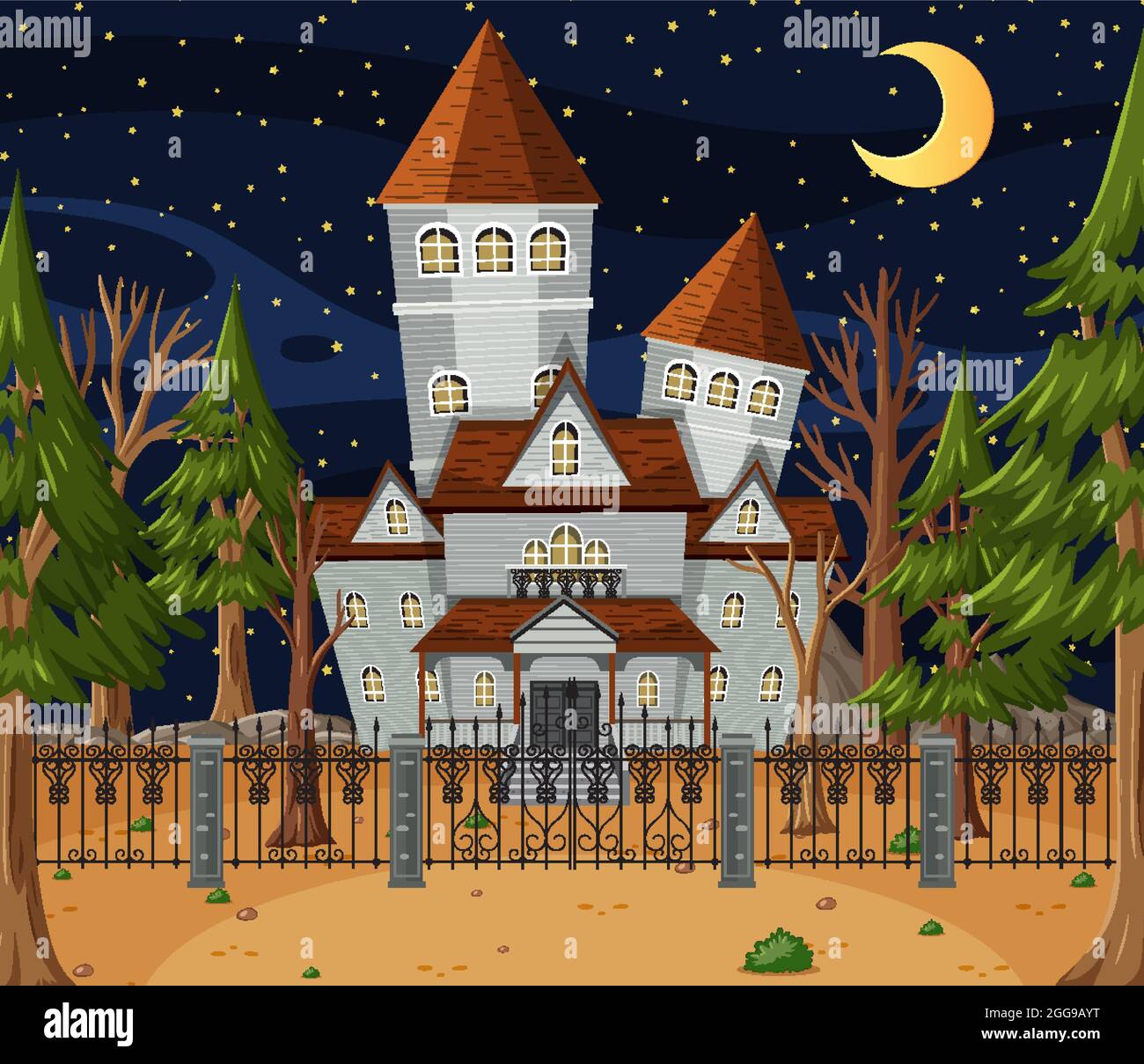 Haunted halloween mansion at night illustration Stock Vector Image ...