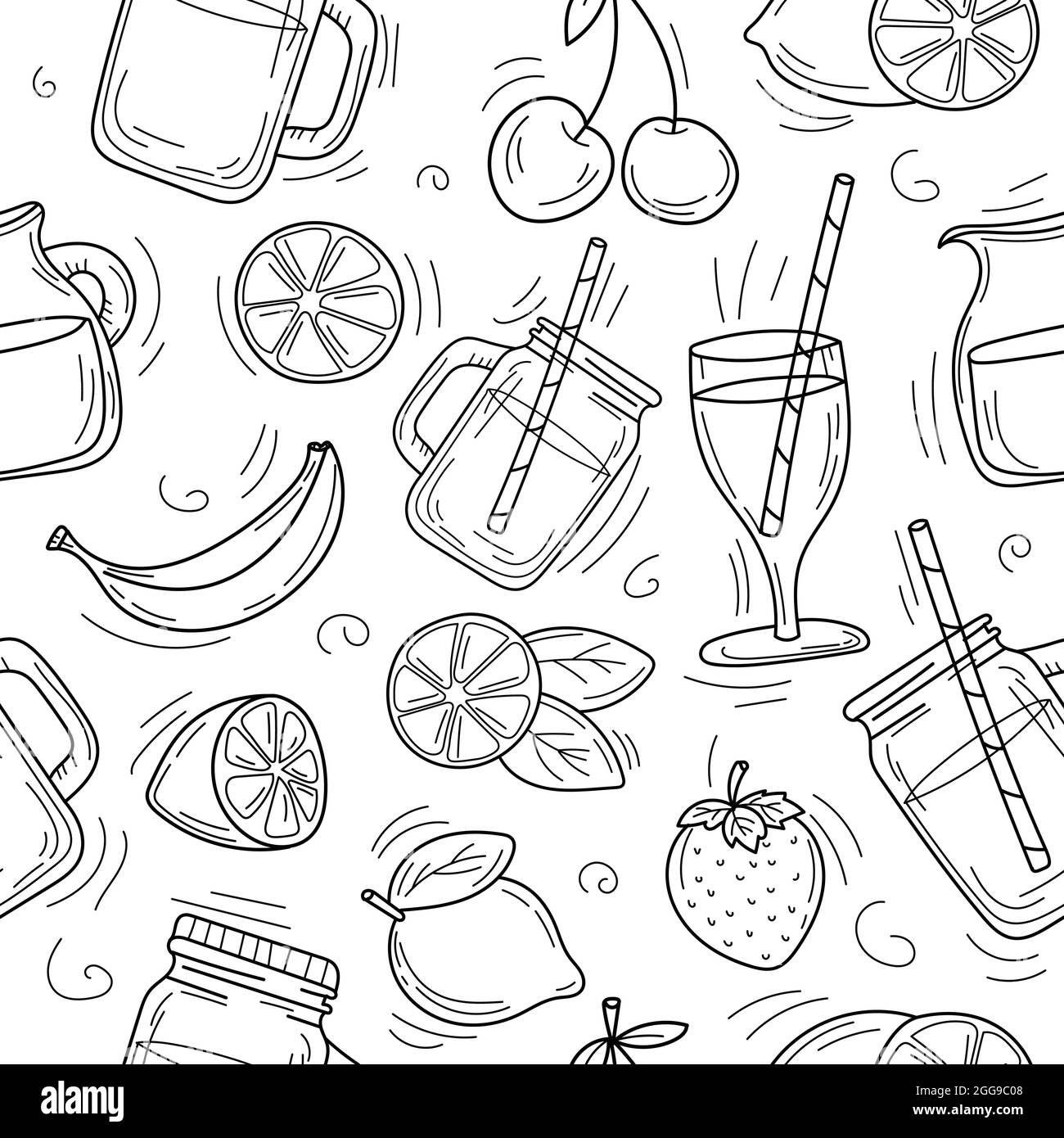 Cute cartoon hand drawn background of summer cocktails and lemonade