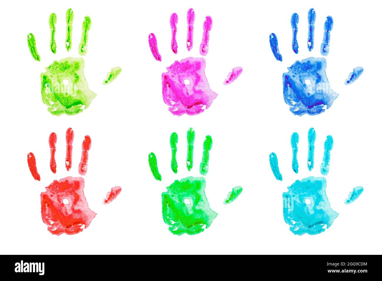 Colored handprints on white paper. Multicolored palm shapes isolate. High quality photo Stock Photo