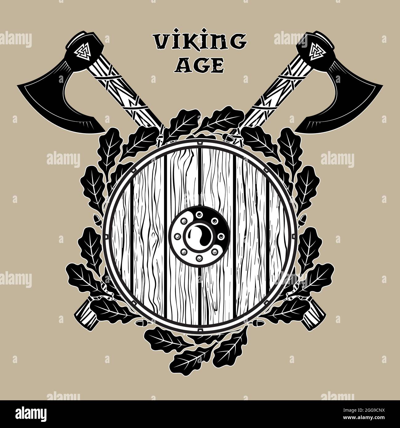 Two crossed battle Viking axes, viking shield and wreath of oak leaves Stock Vector