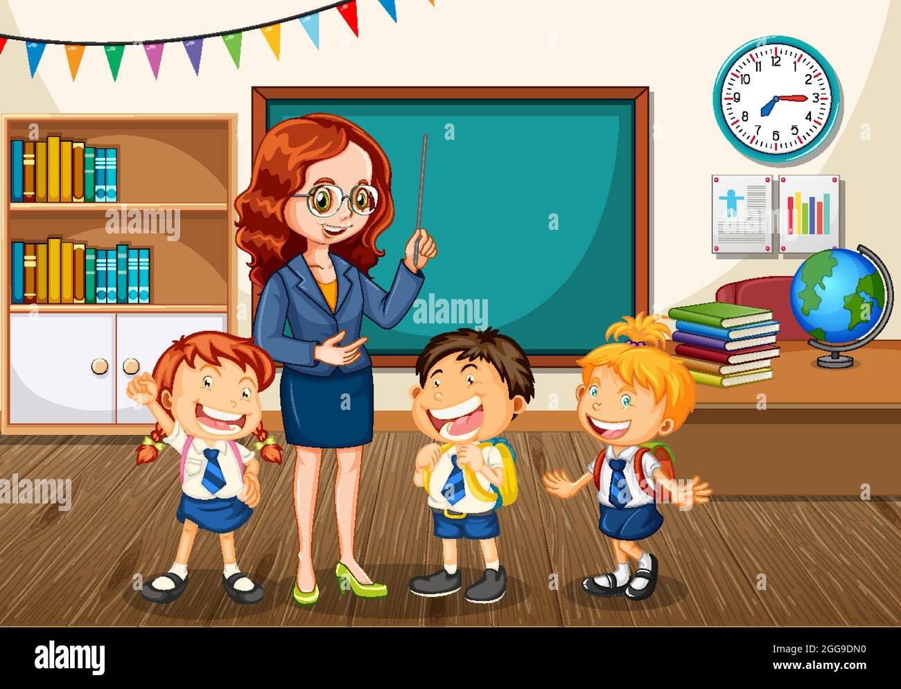 Teacher talking with students in the classroom scene illustration Stock  Vector Image & Art - Alamy