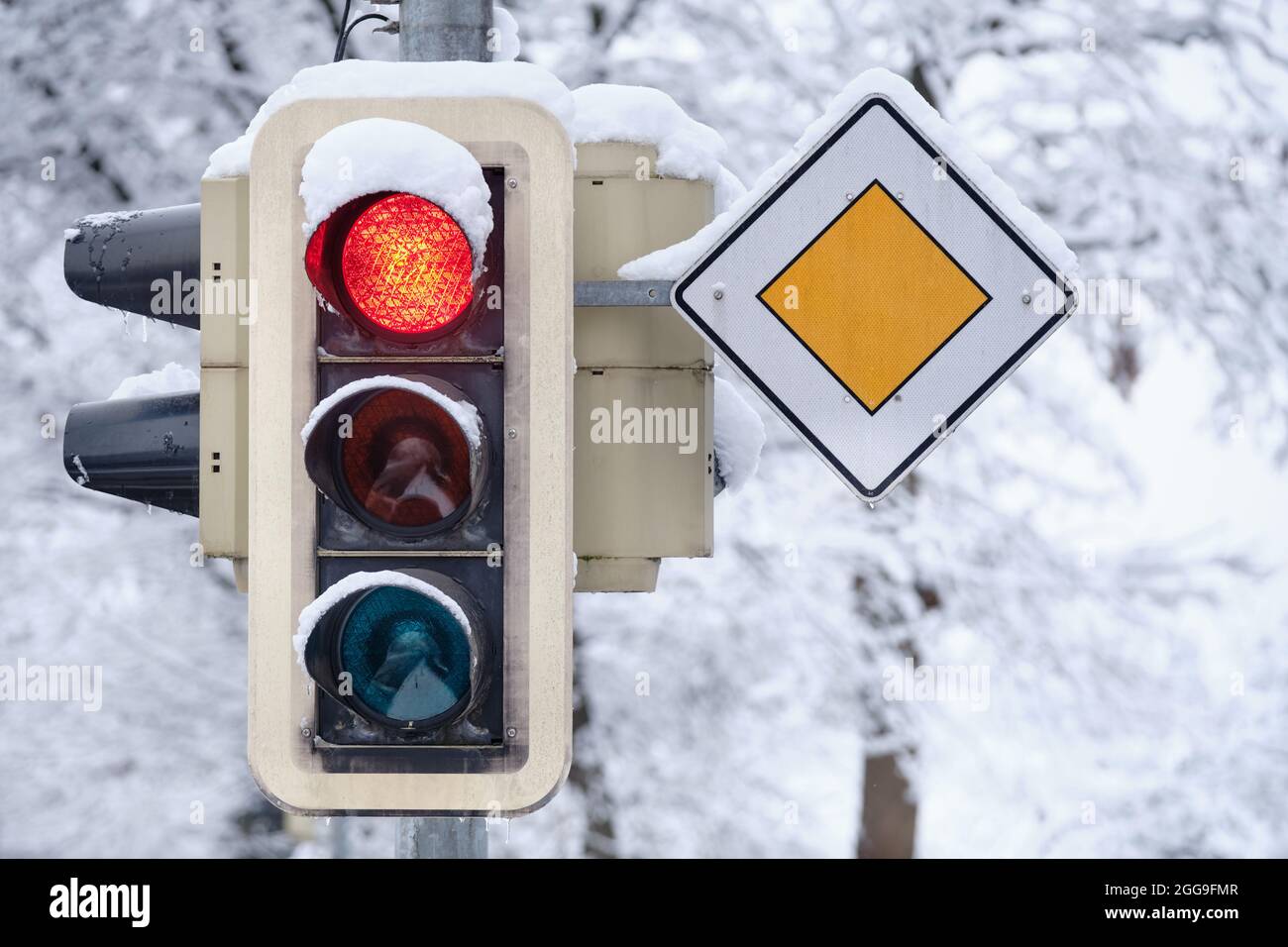 Closeup of traffic lights showing red color to the traffic on the street on a frosty winter day. Seen in Germany in February Stock Photo