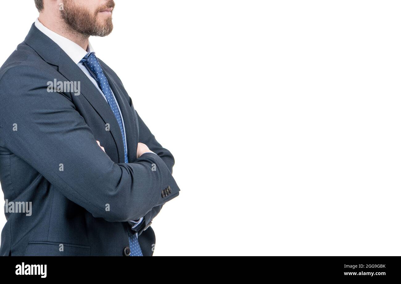 Everyone looks good in suit. Confident manager wear formal suit. Suited man cropped view Stock Photo