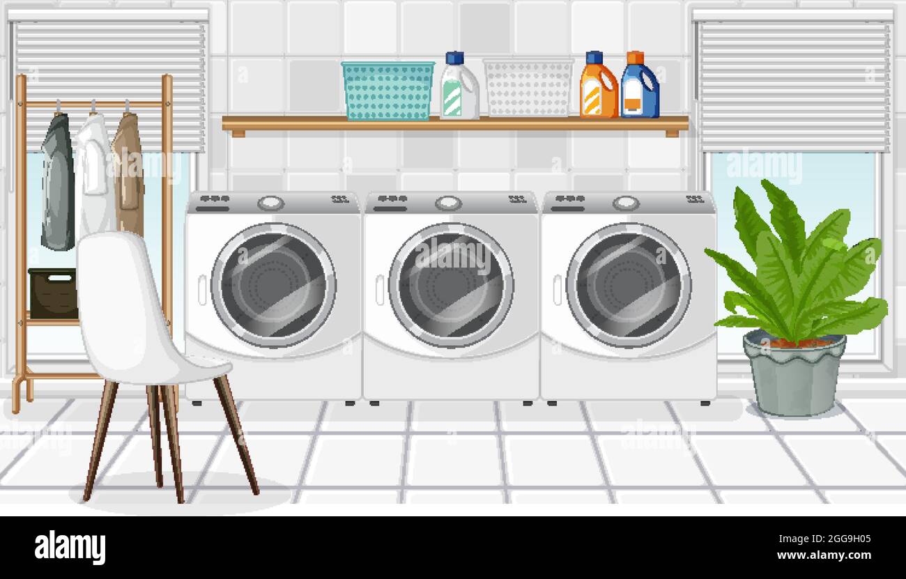 Laundry room scene with washing machine and clothes hanger illustration ...