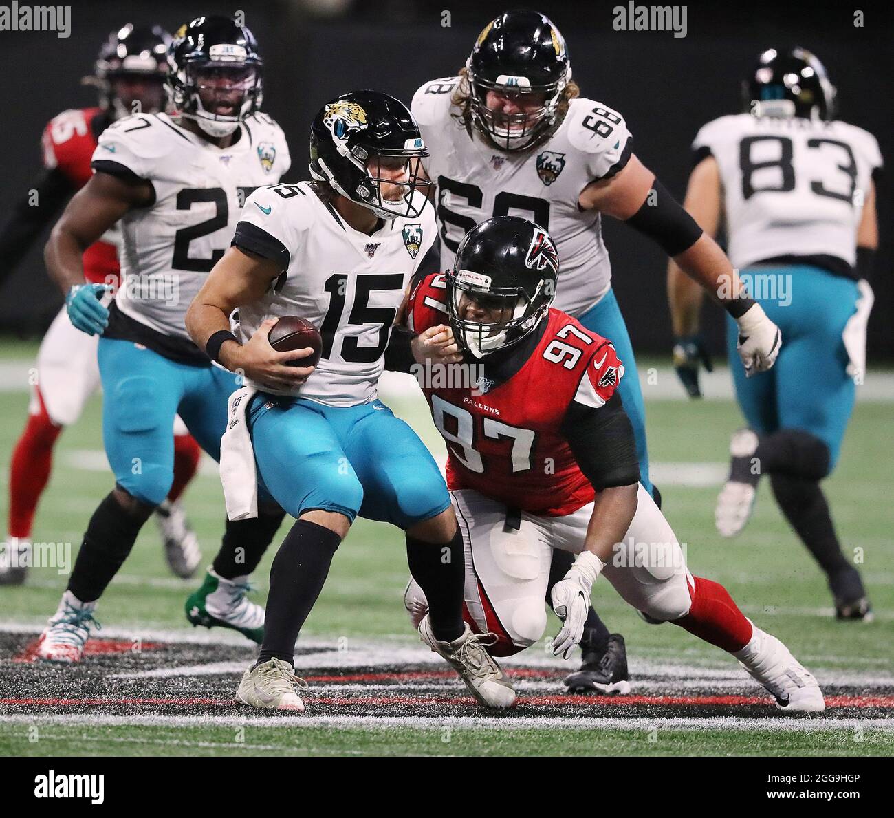 Jacksonville, FL, USA. 30th Sep, 2018. New York Jets offensive guard James  Carpenter (77) during 2nd half NFL football game between the New York Jets  and the Jacksonville Jaguars. Jaguars defeated Jets