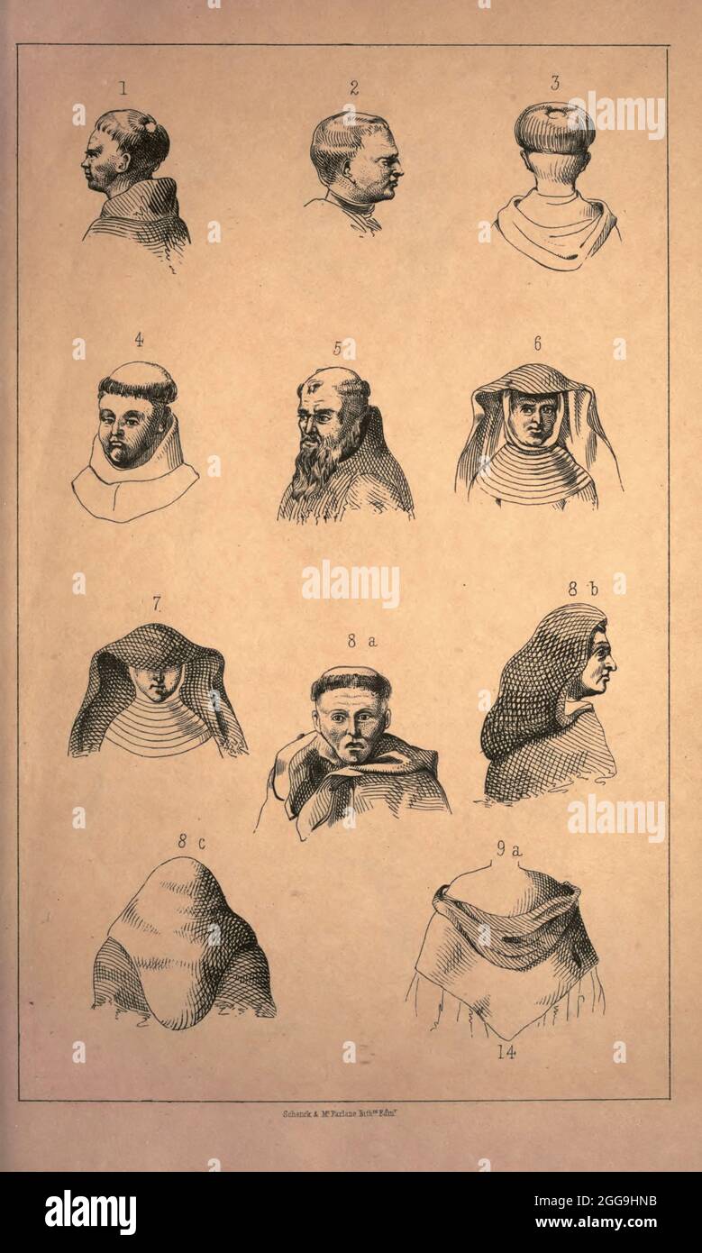 TERMINOLOGY OF MONKERY (front) from the book ' Monachologia, or, Handbook of the natural history of monks : arranged according to the Linnean system ' by Born, Ignaz Edler von, 1742-1791; Krasinski, Walerian, 1780-1855 Published in 1852 in Edinburgh by Johnstone & Hunter. This is a  Victorian anti-Catholic/anti-European satire or parody written in pseudo-scientific natural history jargon, complaining of the laziness, odd dress & weird habits (literally!), strange hours & stranger noises of various orders of monks, deposited of British shores by Papist Europeans of little merit and bad intent. Stock Photo