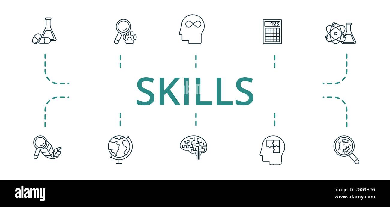 Skills icon set. Contains editable icons theme such as geography, neurobiology, logics and more. Stock Vector