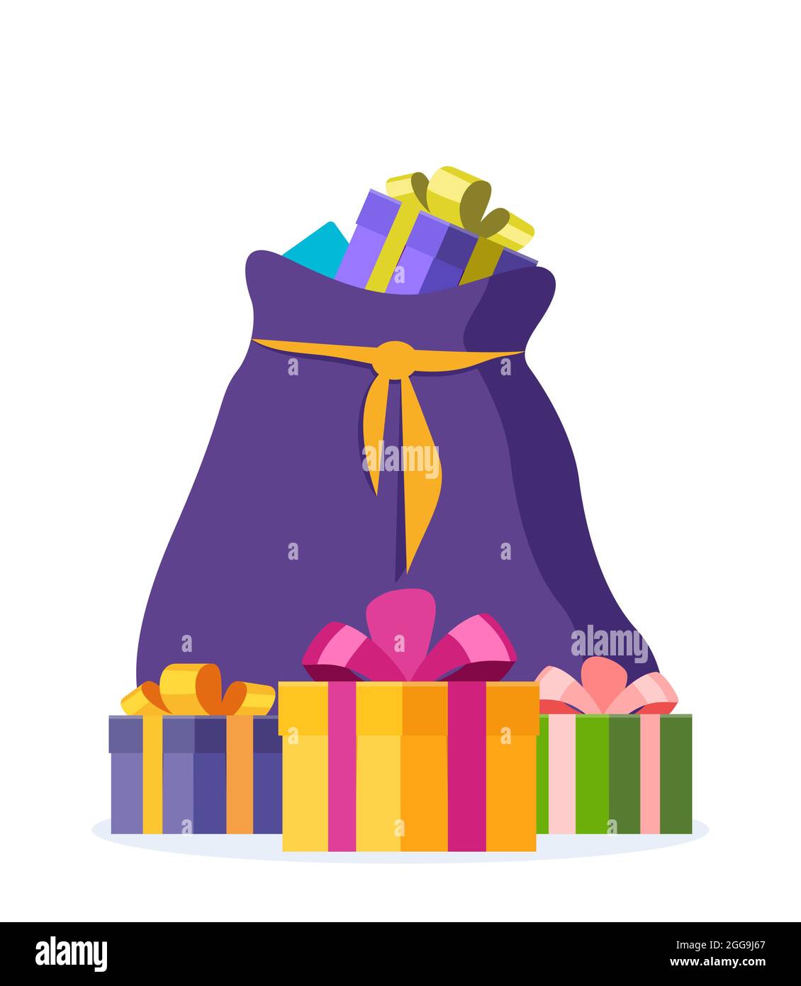 Full violet bag of gifts from Santa Claus. Christmas decorative element. Flat vector illustration Stock Vector