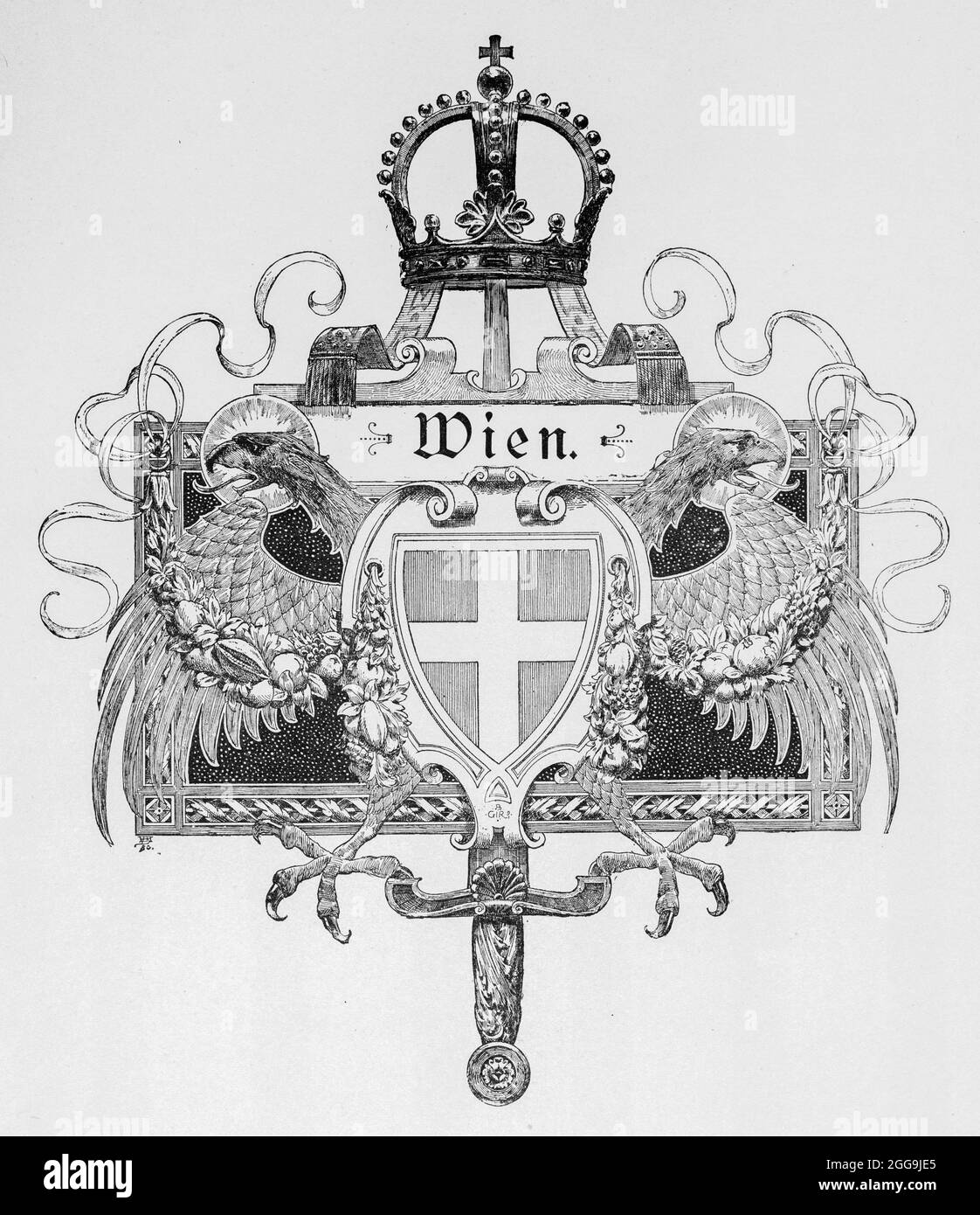Frontispiece with imperial eagle and crown to the chapter Wien or Vienna, Austria, Europe, in Hauptstädte der Welt, historic Illustration 1897 Stock Photo