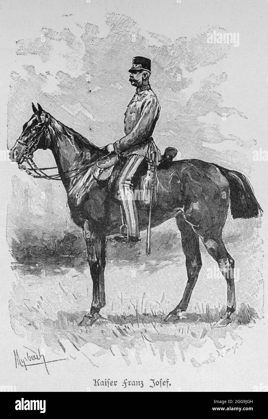 Emperor Franz Josef in uniform, on horseback, horse standing still on grass, Vienna, Austria, Europe, Hauptstädte der Welt, historic Illustration 1897 Stock Photo