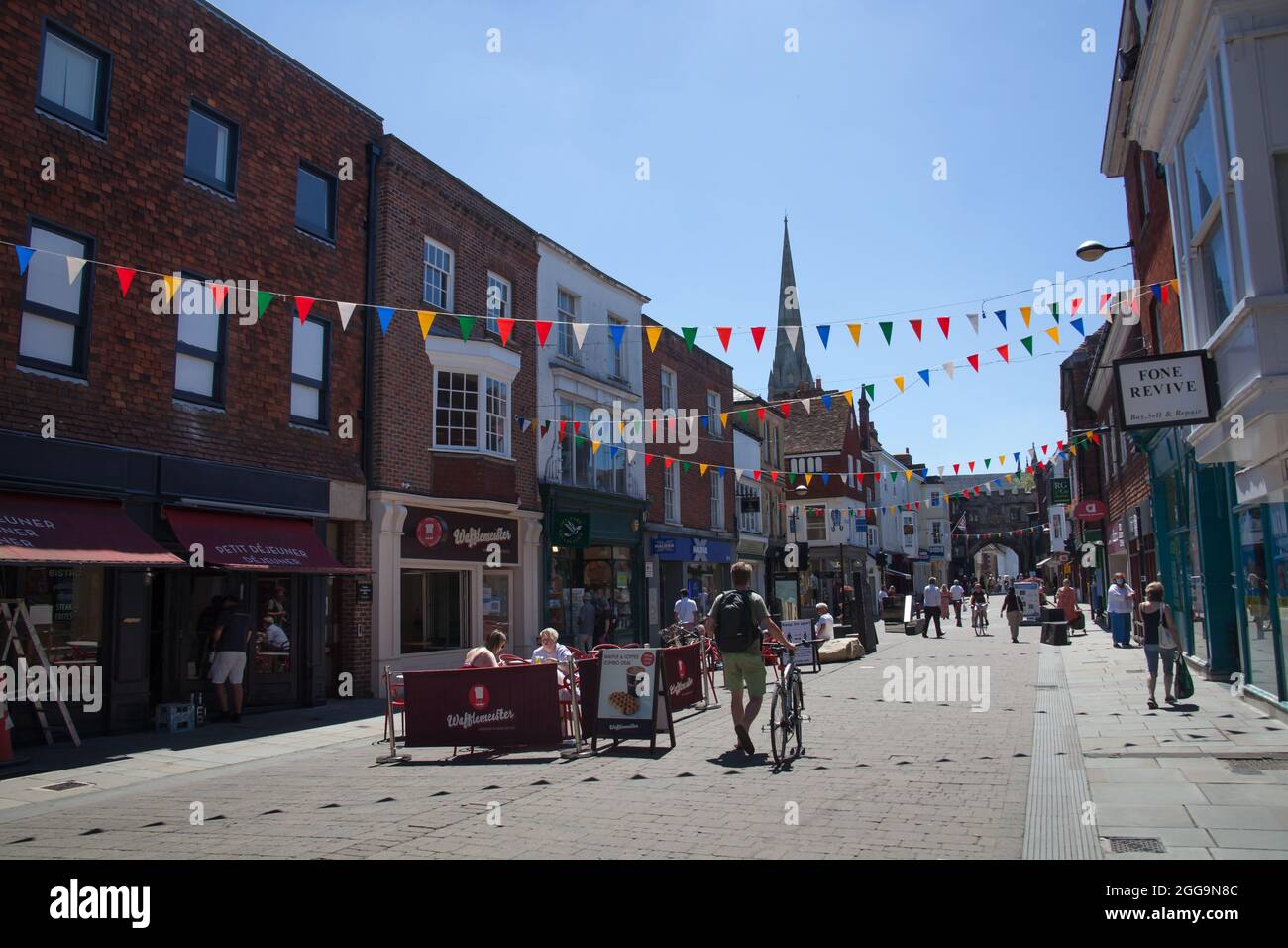 Views of Salisbury town centre in Wiltshire in the UK including the cathedral spire Stock Photo